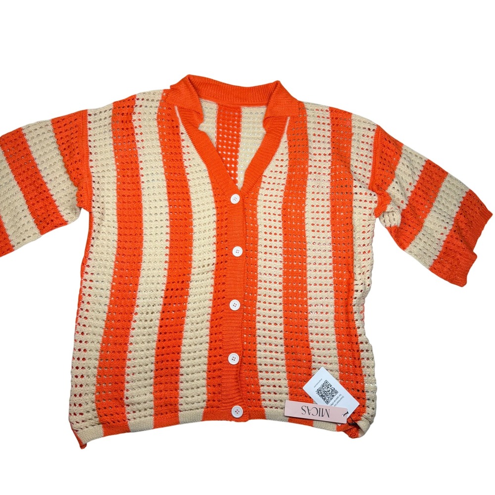 Orange Cream‎ Striped Crochet Knit Cardigan & Shorts Set Beach Resort L Festival - Picture 2 of 13